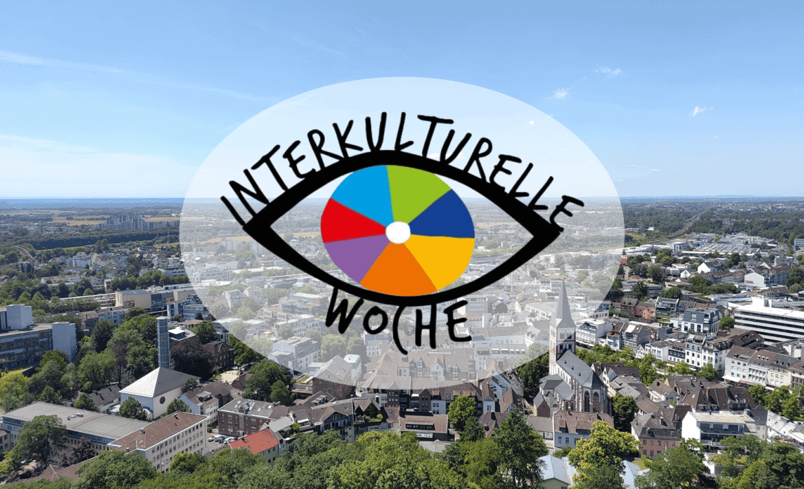 Logo der Interkulturellen Woche. Im Hintergrund die Stadt Siegburg