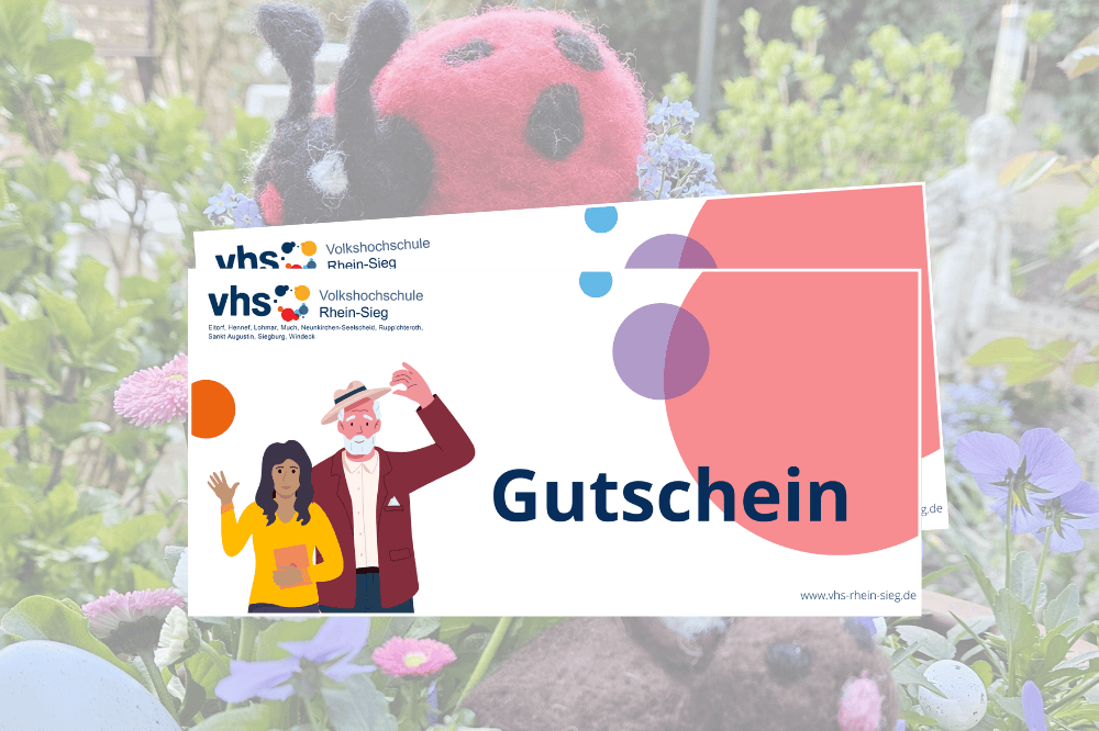 Gutschein der vhs Rhein-Sieg vor einem Ostermotiv.