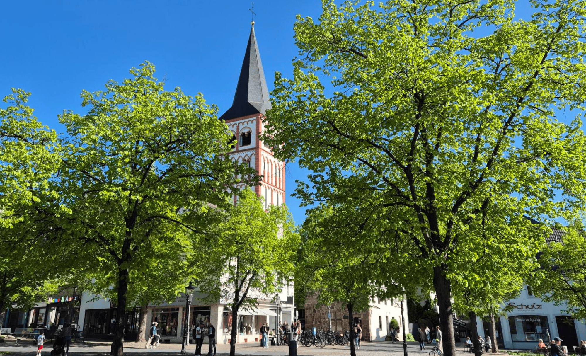 Siegburger Marktplatz Grüne Bäume vor der Kirche Sankt Servatius in Siegburg